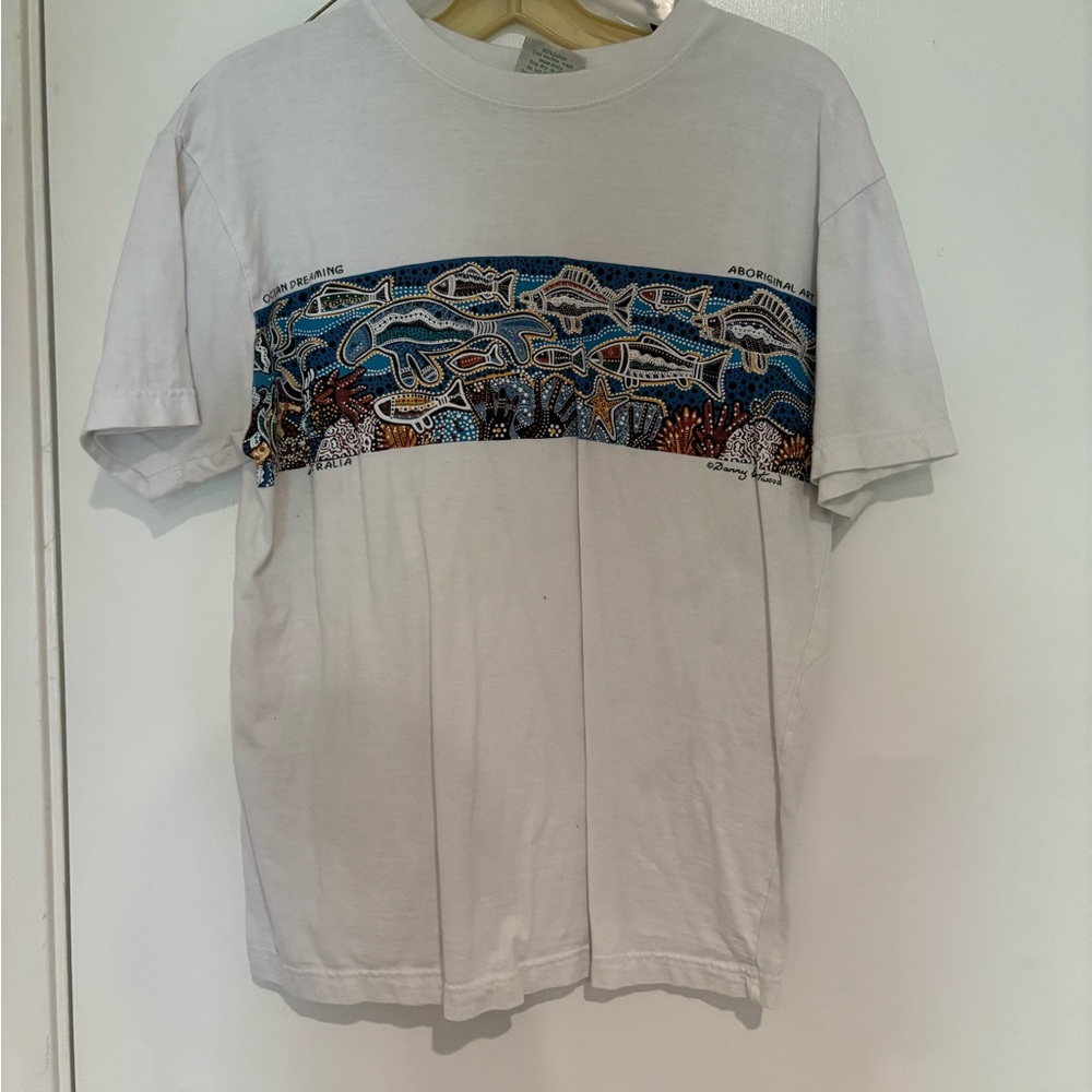White Graphic T-Shirt with Blue Accents